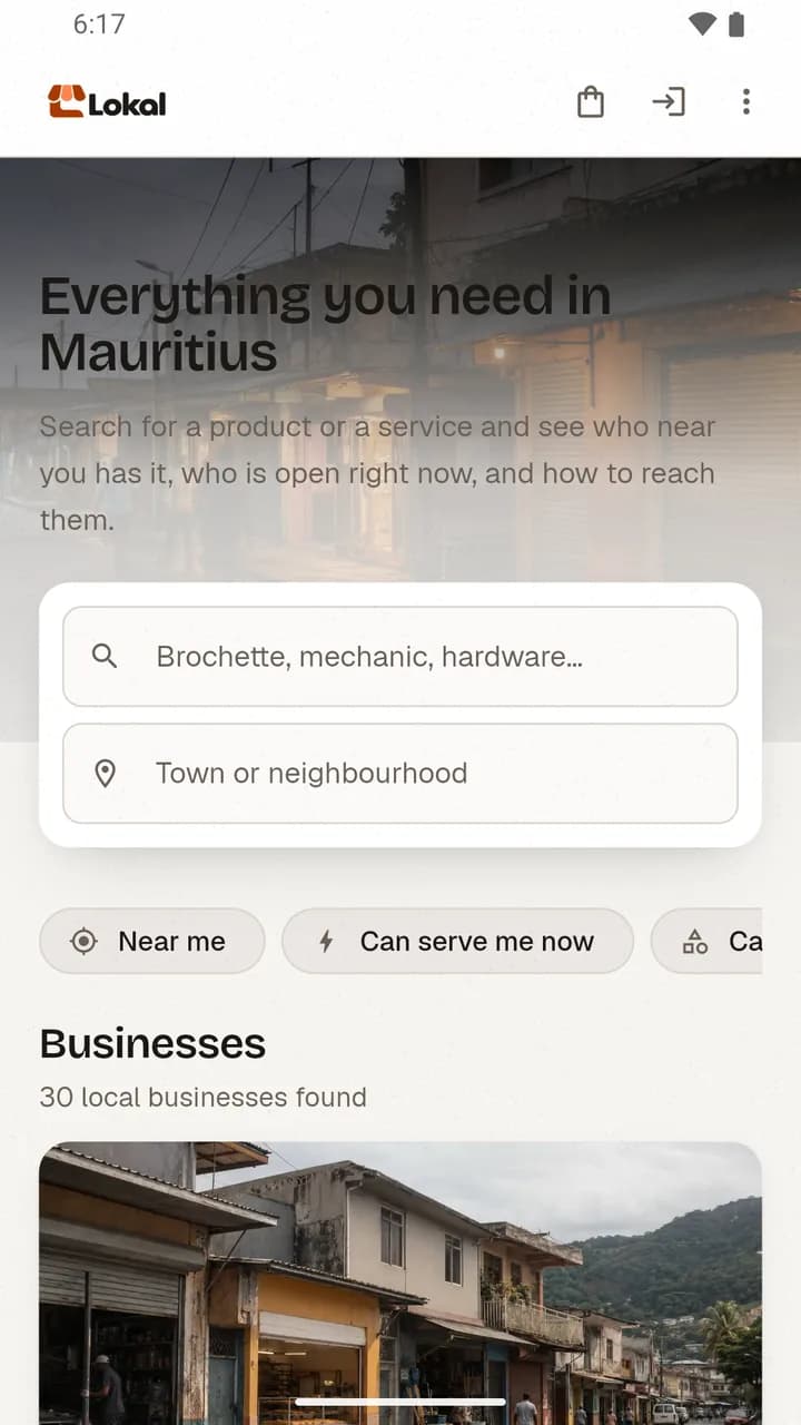 Lokal’s home screen: “Everything you need in Mauritius”, a search field for a product or service and another for a town, the “Near me” and “Can serve me now” filters, and 30 local businesses found.
