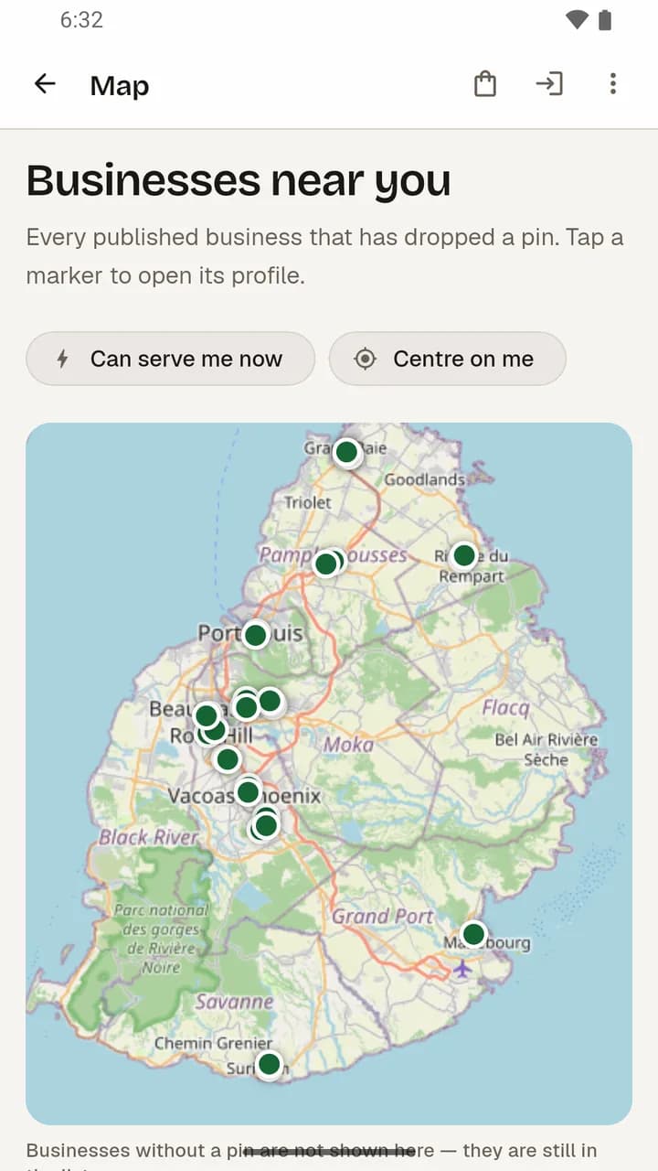 Businesses near you on a map of Mauritius, with around twenty businesses pinned and the “Can serve me now” and “Centre on me” controls.