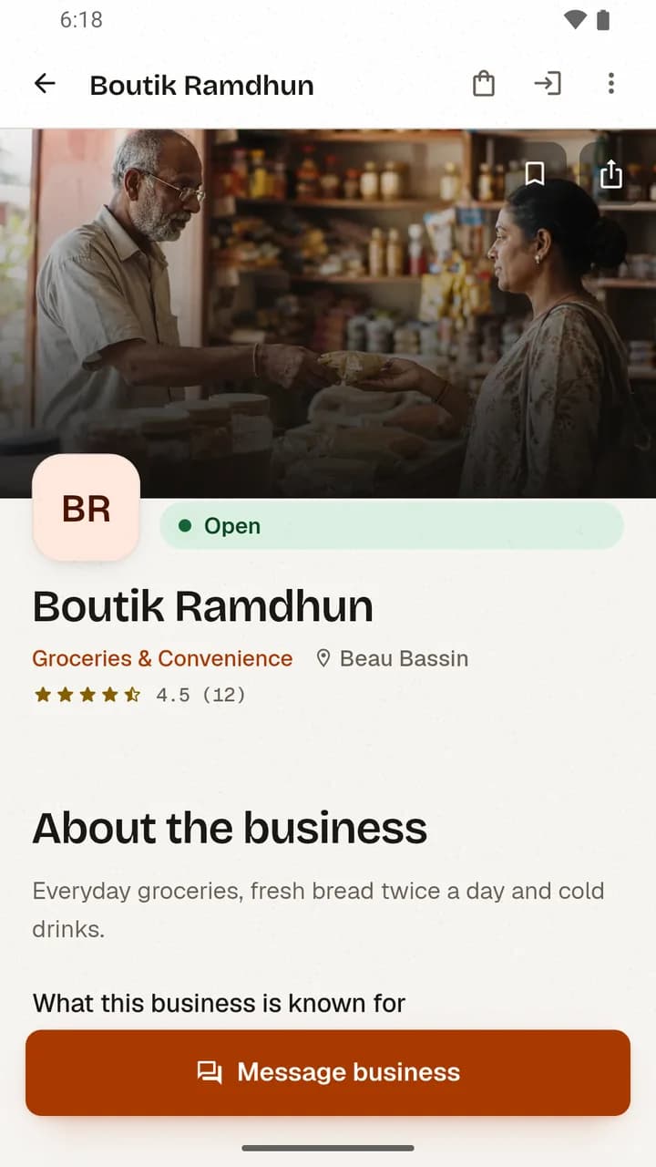 The profile of Boutik Ramdhun, a groceries and convenience shop in Beau Bassin: marked open, rated 4.5 from 12 reviews, with its description and a button to message the business.