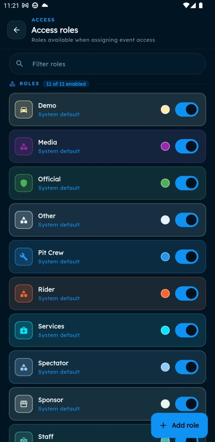 Access roles configuration, with eleven colour-coded roles and enable switches.