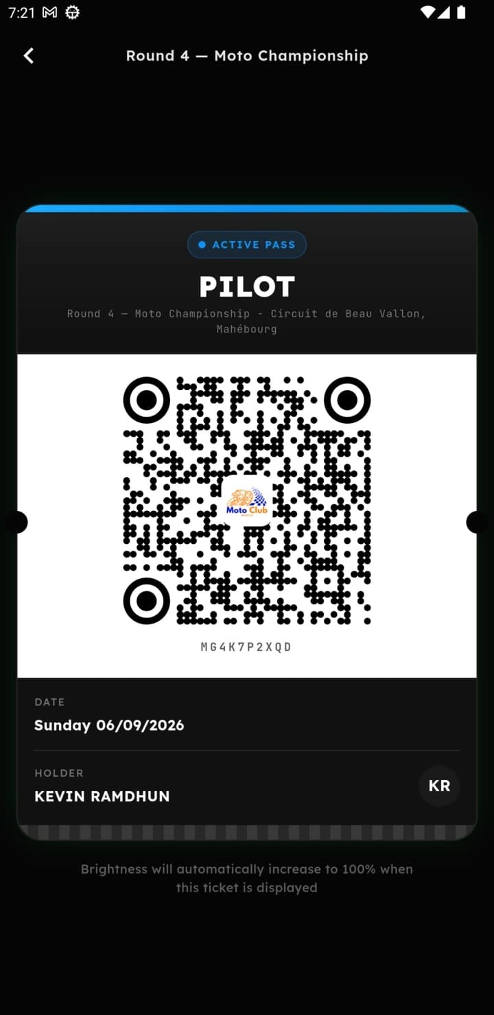 A rider's entry pass for the live round — the QR the gate scans, with its ticket code, date and holder.