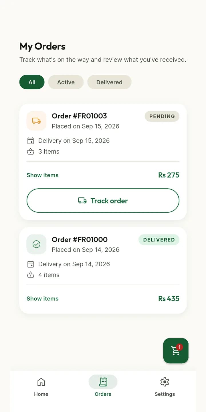 My Orders filtered to all: a pending Rs 275 order with a track-order action, above a delivered Rs 435 order from the day before.