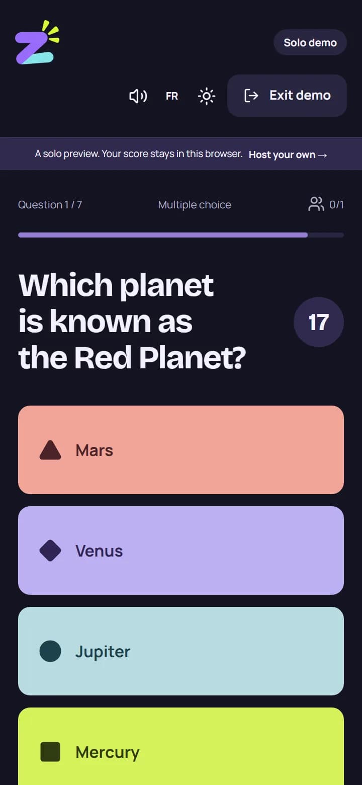 A multiple-choice question on a phone, with four large answer tiles and the countdown.
