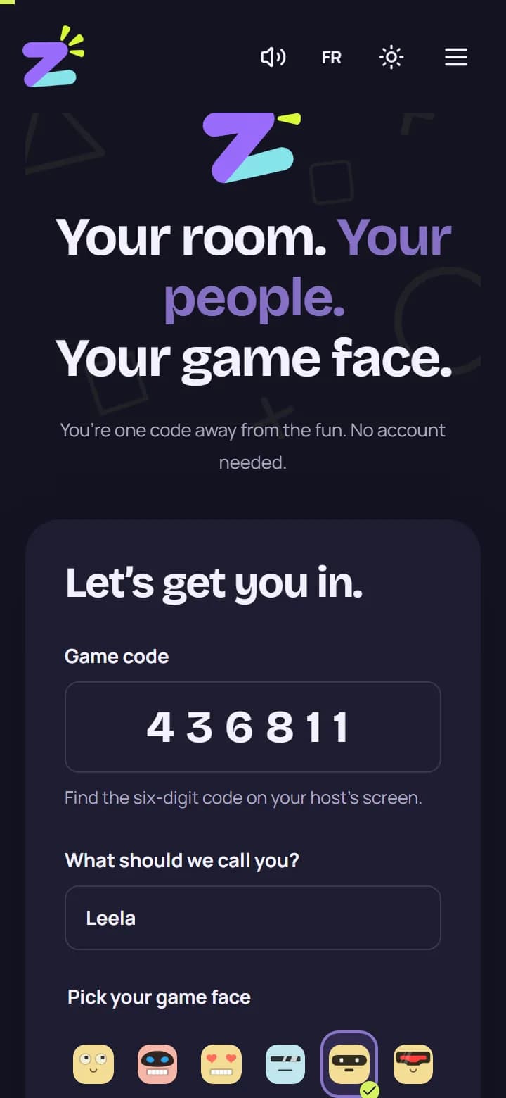 Joining on a phone: the game code, a nickname and a choice of twelve game faces.