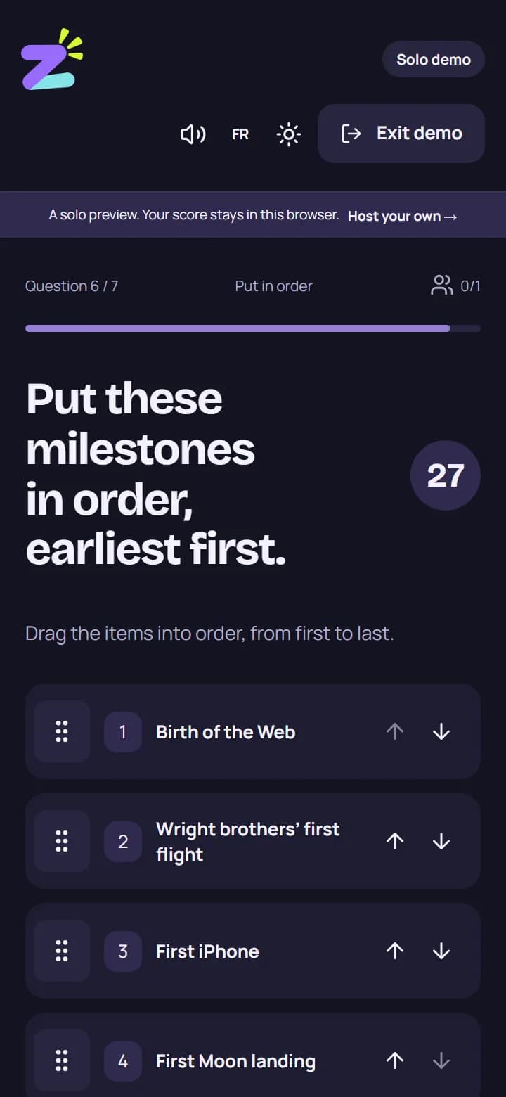 A put-in-order question on a phone: four milestones to arrange, each with a drag handle and move buttons.