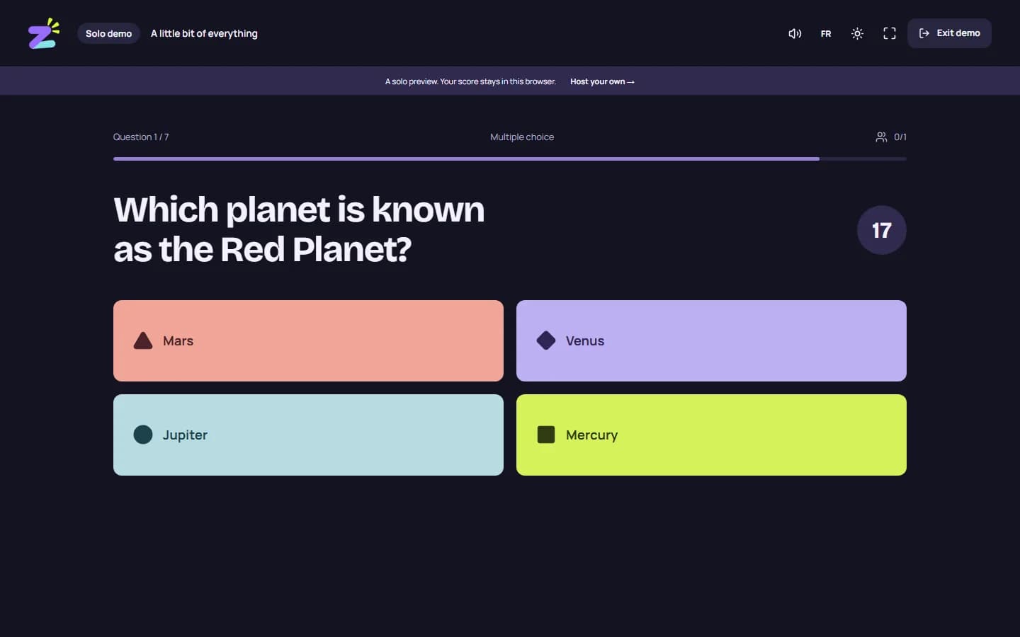 The first question of the solo demo in a desktop browser: the question, its countdown and four colour-coded answers, each with its own shape.