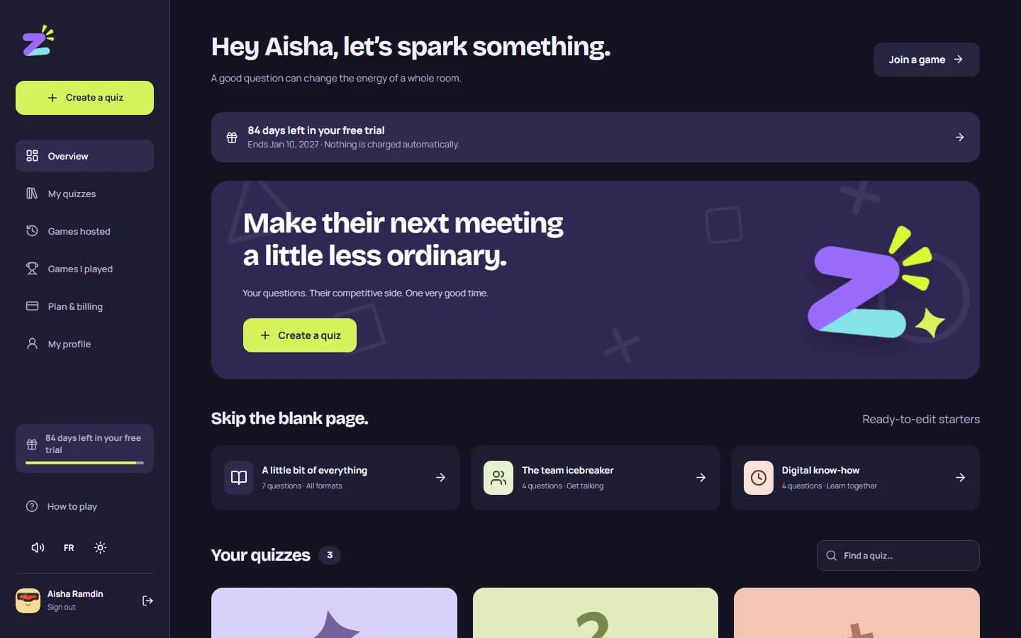The host’s studio for an invented hotel group: the free-trial reminder, a call to create a quiz, ready-to-edit starter templates and the saved quizzes.
