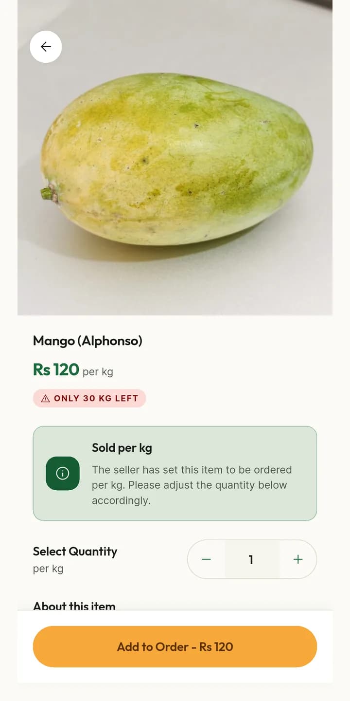 Alphonso mango at Rs 120 per kg with an only-30-kg-left warning, a note that the seller sells this one by the kilo, a quantity stepper and an add-to-order button carrying the running total.
