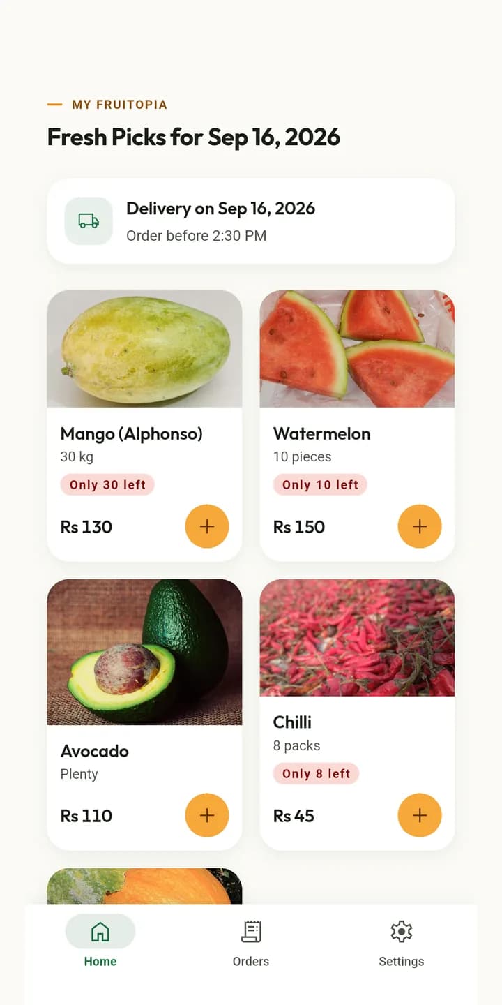 The day’s list for 16 September, with the delivery date and a 2:30 PM cut-off above it: Alphonso mango at Rs 130 with 30 kg left, watermelon by the piece, avocado marked plenty, chilli by the pack.