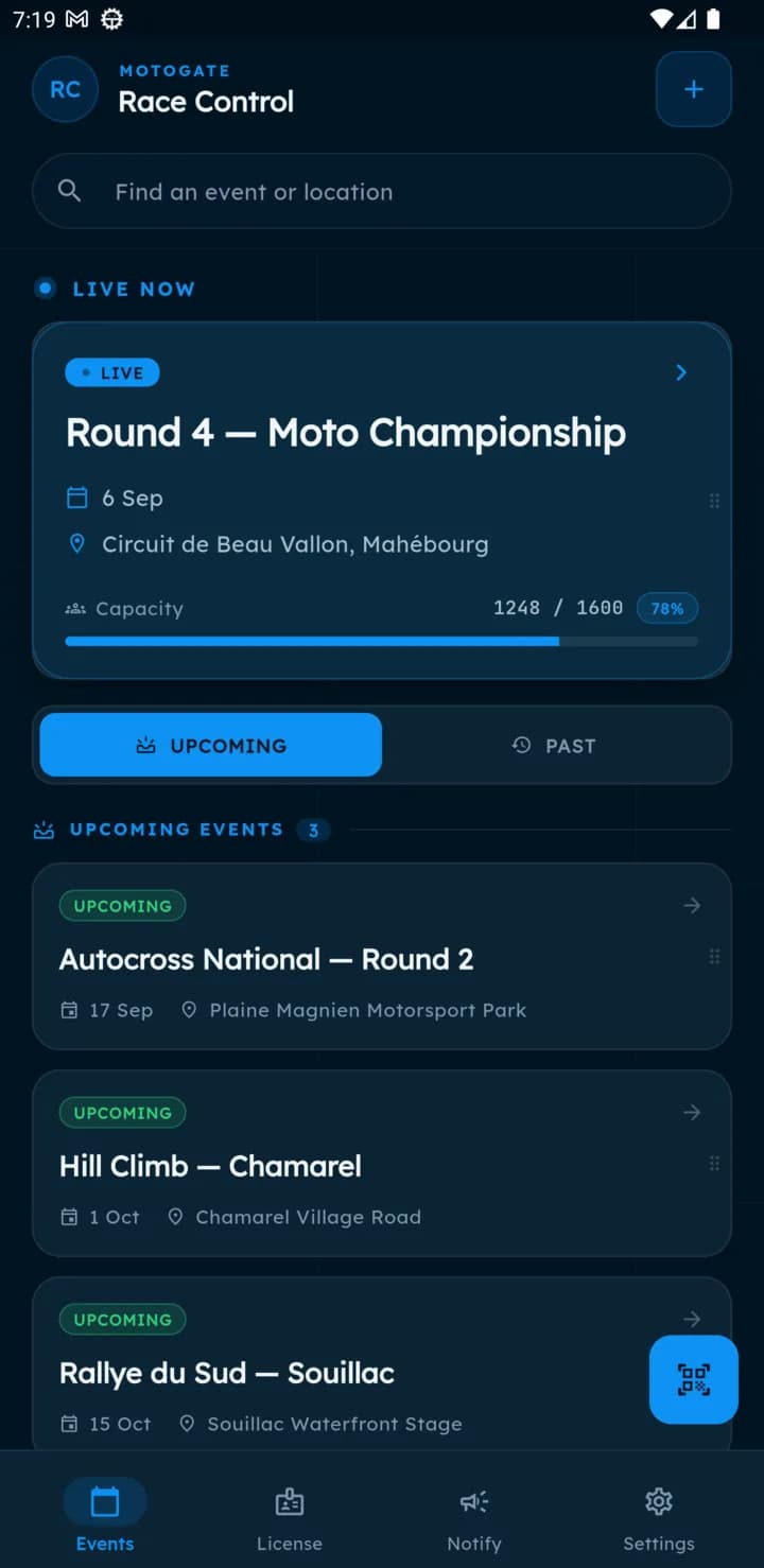 The My Motoclub event list with one round live: 1,248 of 1,600 admitted on a 78 percent capacity bar, and the next rounds below it.