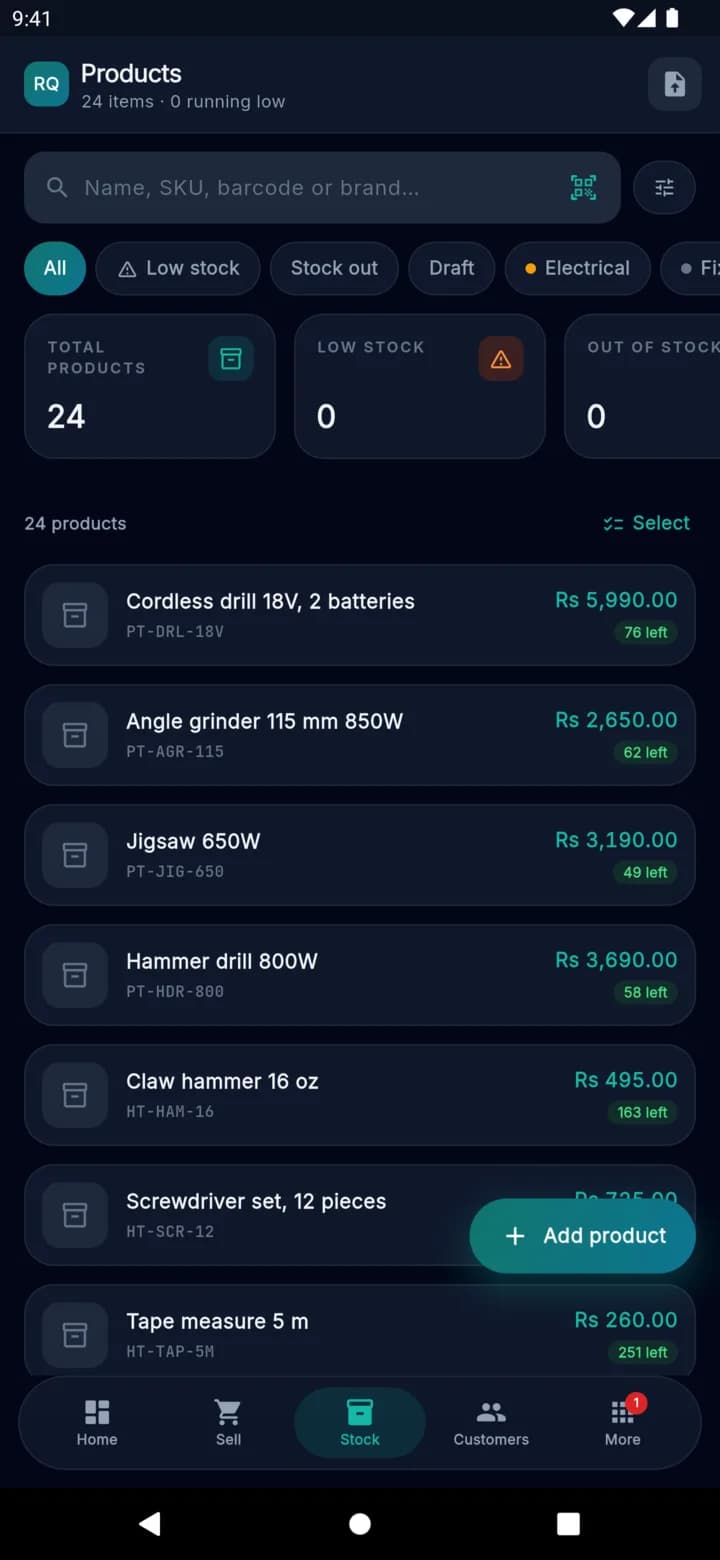 The product list on the phone: 24 products, filters for low stock and out of stock, and each line with its SKU, its price and the units left.