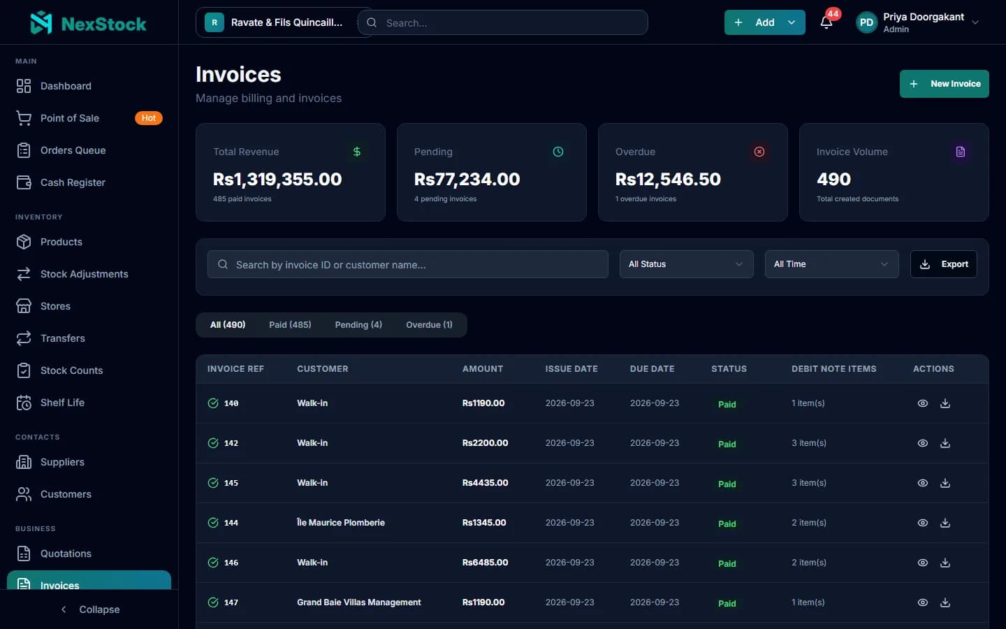 The invoice ledger on the web: Rs 1,319,355 collected across 485 paid invoices, Rs 77,234 pending and one invoice overdue, above the day’s till sales and account invoices.