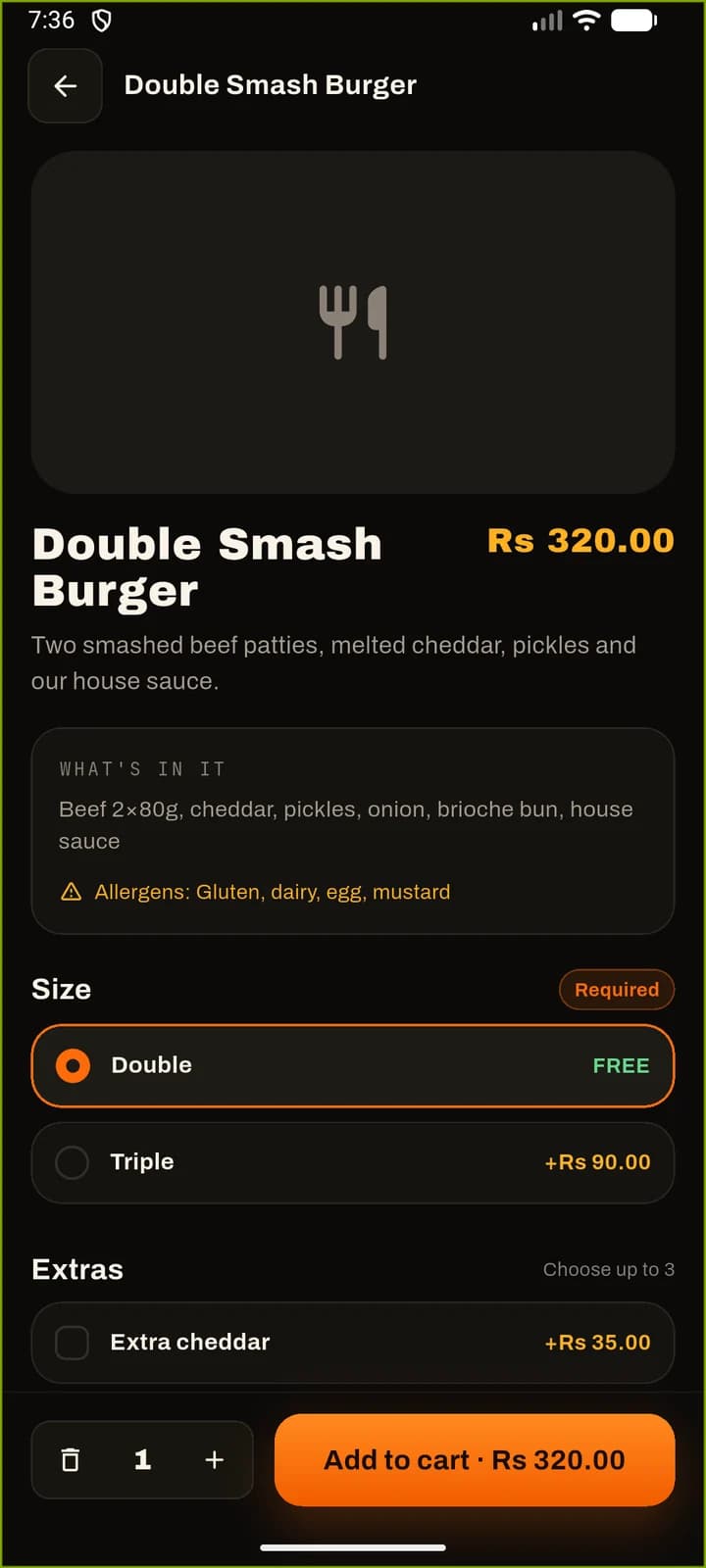 The Double Smash Burger at Rs 320: what is in it, its allergens, a required size choice with triple at +Rs 90, extras, and an add-to-cart button carrying the running total.