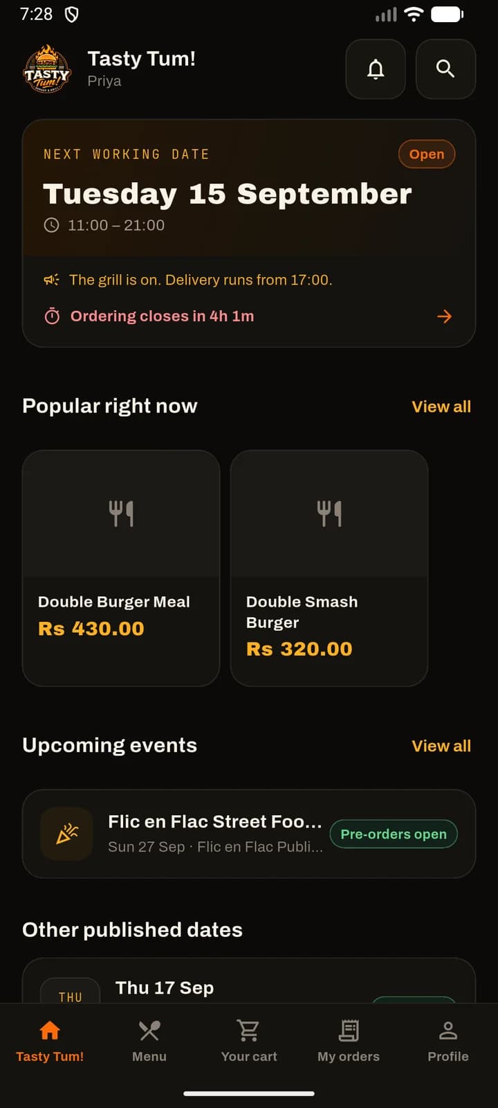 The next working date — Tuesday 15 September, 11:00 to 21:00, marked open, ordering closing in four hours — with the popular dishes priced in rupees, an upcoming street-food event and the other published dates below it.